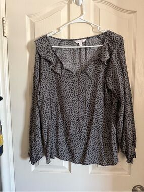 Grey and White Floral Ruffle Neck Blouse